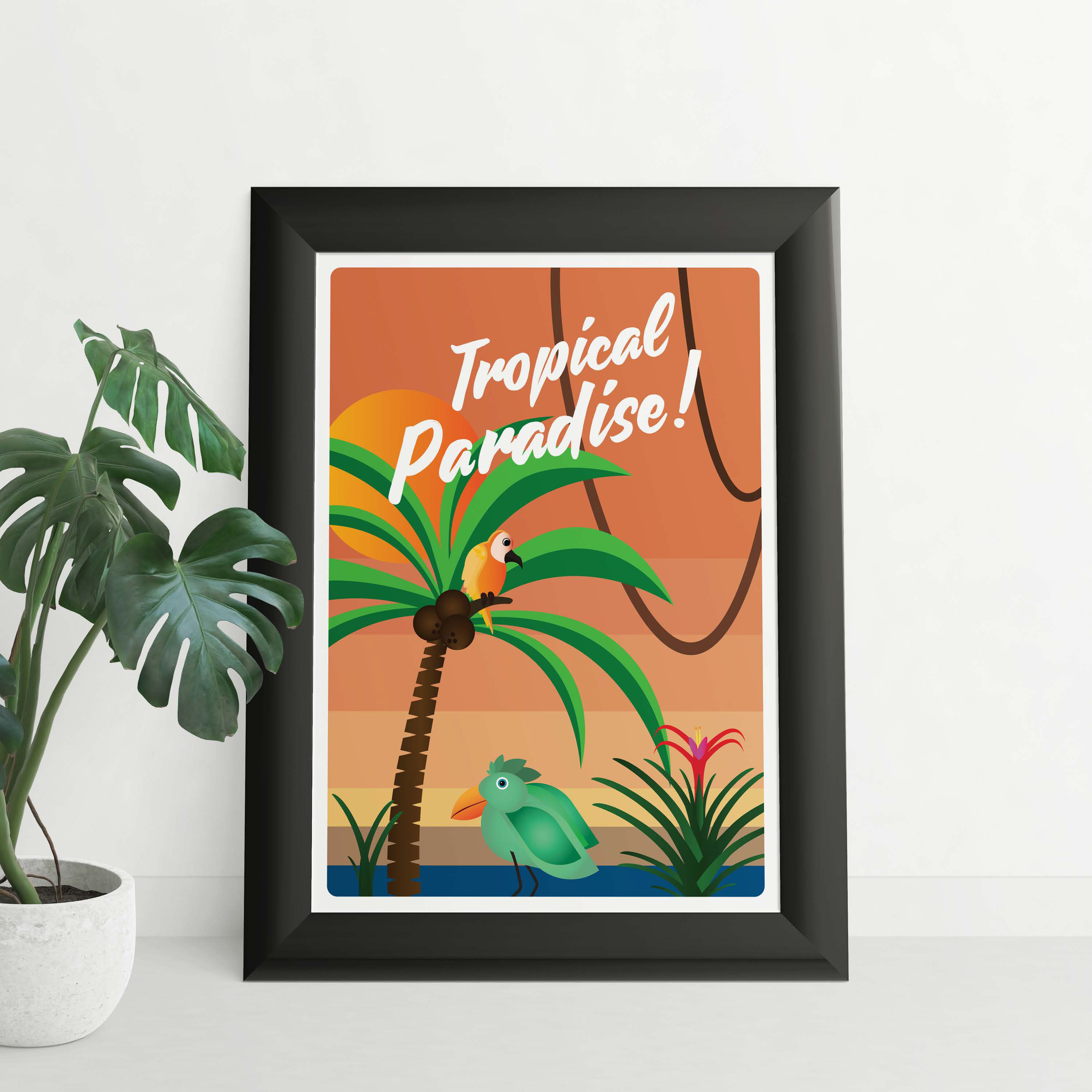 Framed Tropical Paradise poster beside a plant